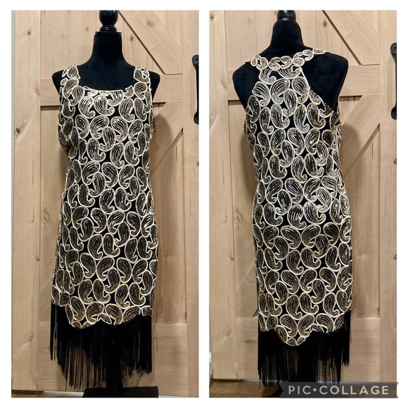 unknown Dresses & Skirts - Black and Gold Sleeveless Sheath Dress Fringe Paisley Sequins